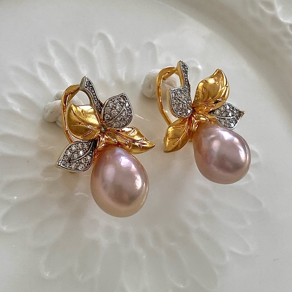 E63-Handmade Pink Edison Pesarl Two Tone Earring - Picture 3 of 9